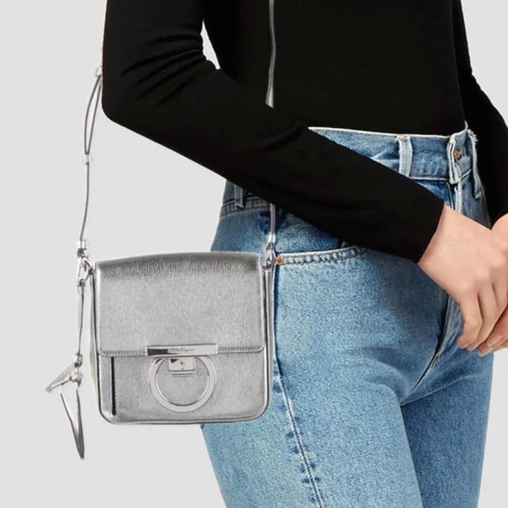 Salvatore Ferragamo Metallic Silver Leather Shoulder Grancini Flap Mini …